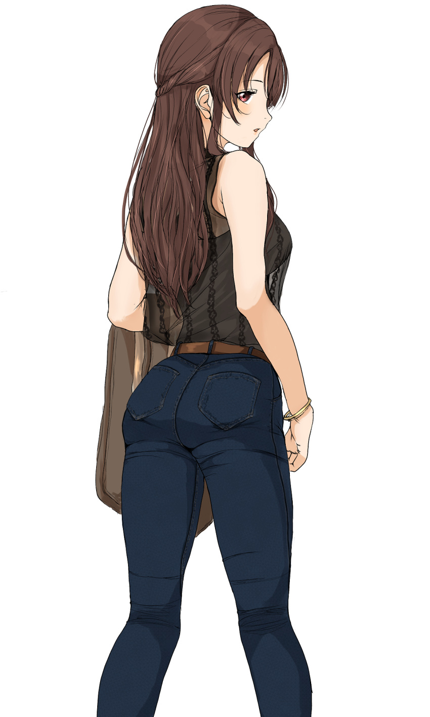 1girl ass bare_shoulders bracelet brown_hair commentary_request denim feet_out_of_frame from_behind gatsby_ssl half_updo highres idolmaster idolmaster_cinderella_girls jacket jeans jewelry long_hair looking_at_viewer looking_back mifune_miyu pants see-through see-through_shirt see-through_silhouette shirt simple_background sleeveless sleeveless_shirt solo straight_hair unworn_jacket white_background