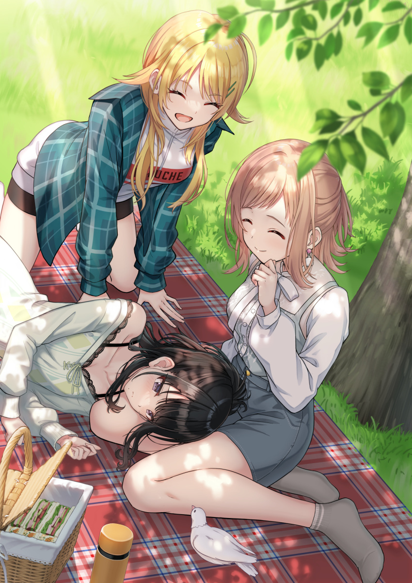 3girls ^_^ all_fours bike_shorts bird blonde_hair blush brown_hair closed_eyes food grass hachimiya_meguru highres idolmaster idolmaster_shiny_colors illumination_stars_(idolmaster) jacket kazano_hiori lap_pillow lying macha0331 multiple_girls off-shoulder_shirt off_shoulder on_side outdoors picnic picnic_basket pigeon plaid plaid_jacket sakuragi_mano sandwich shirt sitting smile tree yokozuwari