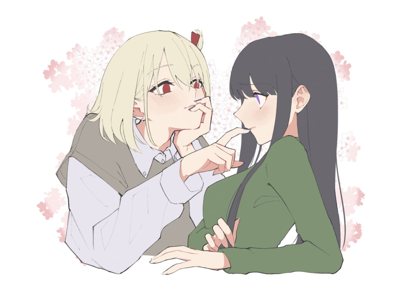 2girls black_hair black_nails blonde_hair blush breasts collared_shirt commentary earrings finger_to_another's_mouth flower green_shirt grey_shirt grey_sweater_vest hand_on_own_face highres inoue_takina jewelry long_hair long_sleeves looking_at_another lycoris_recoil medium_breasts medium_hair multiple_girls nishikigi_chisato pink_flower red_eyes shiratama_draw shirt smile sweater_vest symbol-only_commentary upper_body yuri
