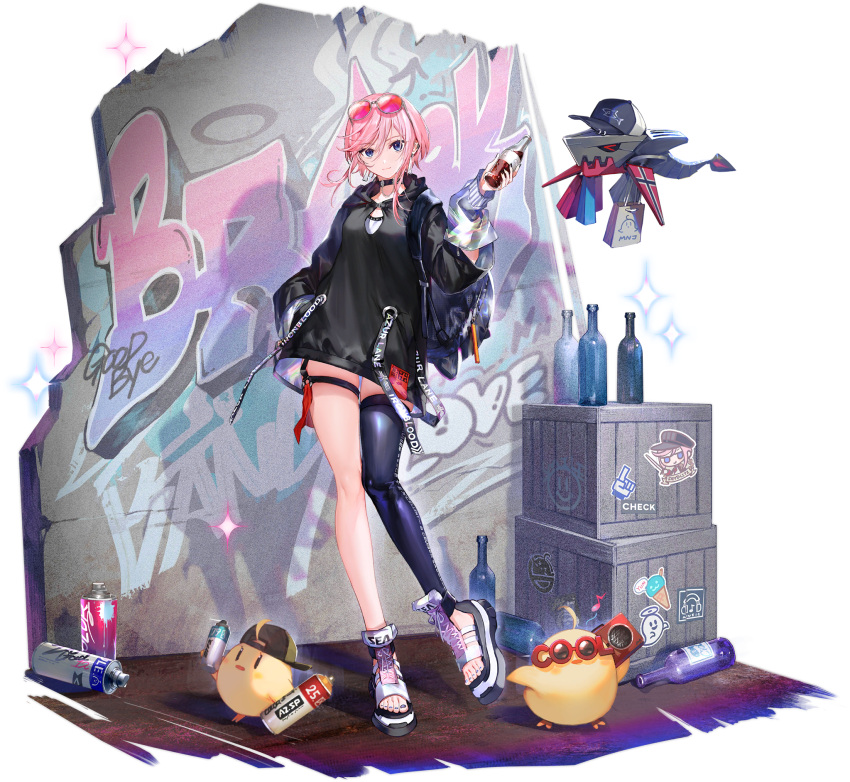 1girl azur_lane bag baseball_cap black_choker black_hat black_hoodie black_thighhighs blue_eyes bottle choker crate drawstring eyewear_on_head feet full_body graffiti hand_in_pocket hat highres holding holding_bottle hood hoodie hou_(ppo) knees_together_feet_apart legs long_sleeves looking_at_viewer manjuu_(azur_lane) nail_polish non-web_source official_alternate_costume official_art pink_hair platform_footwear red-tinted_eyewear robot sandals seydlitz_(an_officer's_streetwear)_(azur_lane) seydlitz_(azur_lane) shopping_bag short_hair single_thighhigh skindentation soda_bottle solo spray_can spray_paint sunglasses thigh_strap thighhighs tinted_eyewear toeless_footwear toenail_polish toenails toes