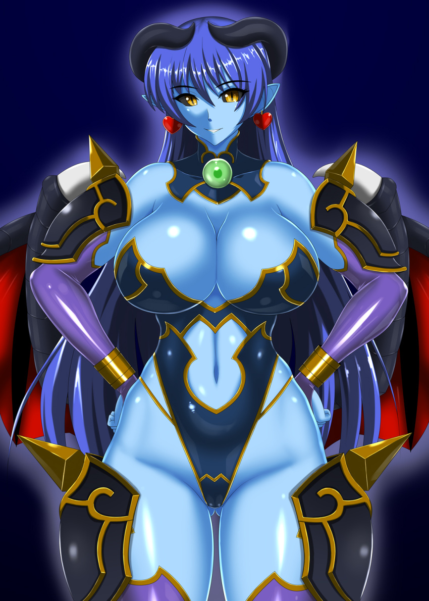 1girl astaroth_(shinrabanshou) black_sclera blue_hair blue_skin breasts bridal_gauntlets clothing_cutout colored_sclera colored_skin demon_girl earrings heart heart_earrings highleg highres horns jewelry large_breasts long_hair nado.e navel_cutout pointy_ears purple_footwear red_wings shinrabanshou solo thighhighs wings yellow_eyes