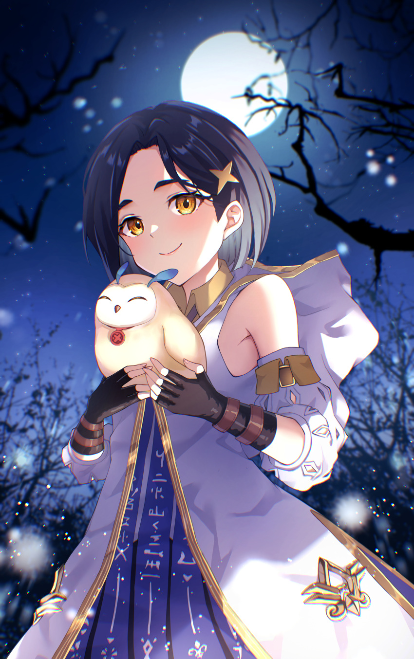 1girl absurdres armpits bird black_eyebrows black_hair brown_eyes commission commissioner_upload fingerless_gloves full_moon fururu_(tales) gloves hair_ornament highres moon night night_sky non-web_source official_alternate_costume owl pet rinwell_(tales) robe short_hair sky smile snowing star_(sky) tales_of_(series) tales_of_arise wanatsu_15 white_robe