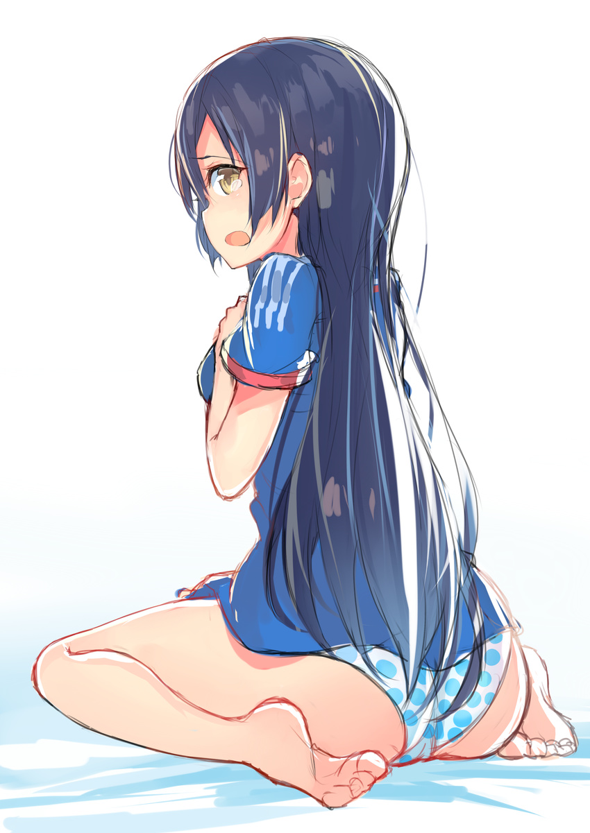 2014_fifa_world_cup absurdres ass blue_hair blush brown_eyes from_behind hajime_kaname highres japan long_hair looking_at_viewer looking_back love_live! love_live!_school_idol_project open_mouth panties polka_dot polka_dot_panties sitting soccer_uniform solo sonoda_umi sportswear underwear world_cup