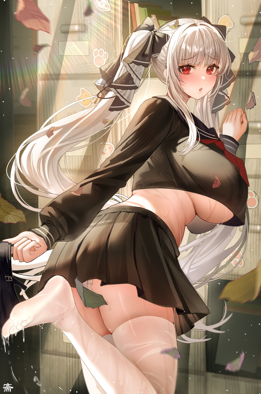 1girl :o absurdres ass azur_lane black_ribbon black_shirt black_skirt blush breasts formidable_(azur_lane) formidable_(the_lover's_heart_flutters_on_duty)_(azur_lane) from_behind hair_ornament hair_ribbon highres large_breasts long_hair long_sleeves looking_at_viewer looking_back official_alternate_costume pleated_skirt red_eyes ribbon shirt skirt soles tansuan_(ensj3875) thighhighs thighs twintails white_hair white_thighhighs