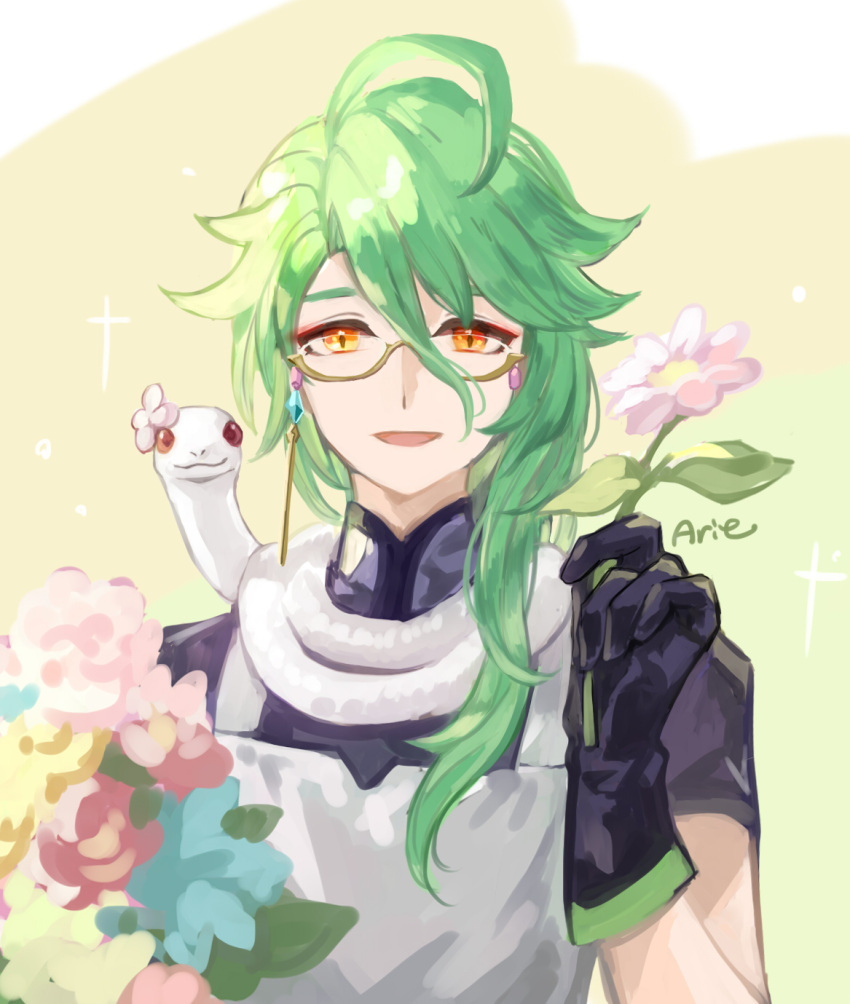 1boy :d ahoge apron arie_game artist_name baizhu_(genshin_impact) black_gloves blue_flower bouquet changsheng_(genshin_impact) commentary_request eyeshadow eyewear_strap flower genshin_impact glasses gloves gradient_background green_background green_hair hair_between_eyes hand_up highres holding holding_bouquet holding_flower long_hair looking_at_viewer makeup male_focus open_mouth parted_bangs pink_flower purple_shirt red_eyeshadow semi-rimless_eyewear shirt short_sleeves sidelocks simple_background smile snake solo sparkle under-rim_eyewear upper_body white_apron white_snake yellow-framed_eyewear yellow_background yellow_eyes yellow_flower