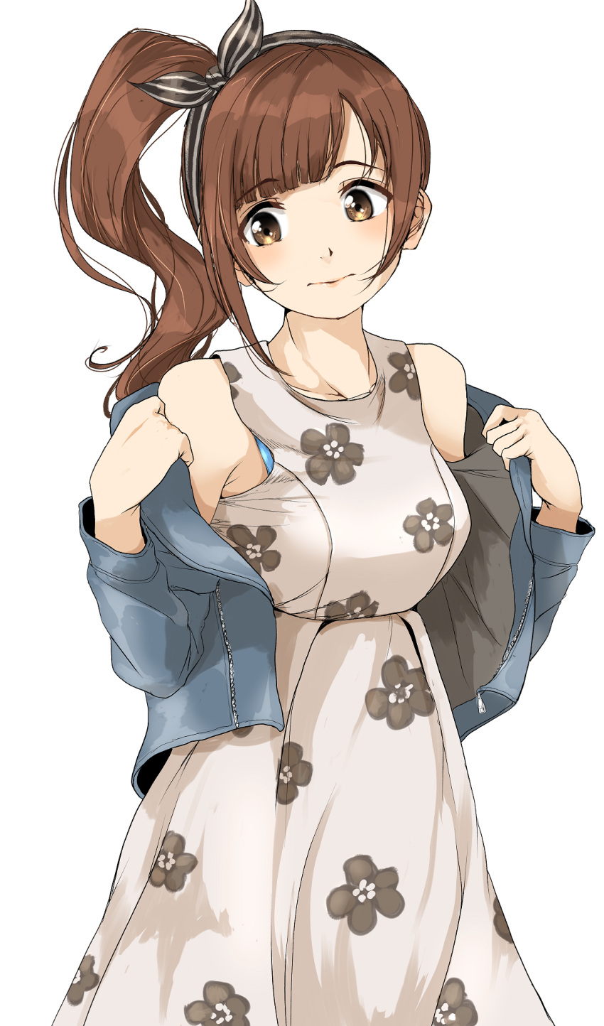 aqua_bra armpit_crease bare_shoulders blush bra bra_peek breasts brown_hair denim denim_jacket dress floral_print gatsby_ssl grey_dress highres idolmaster idolmaster_cinderella_girls igarashi_kyoko jacket medium_breasts side_ponytail sideways_glance simple_background sleeveless sleeveless_dress underwear white_background