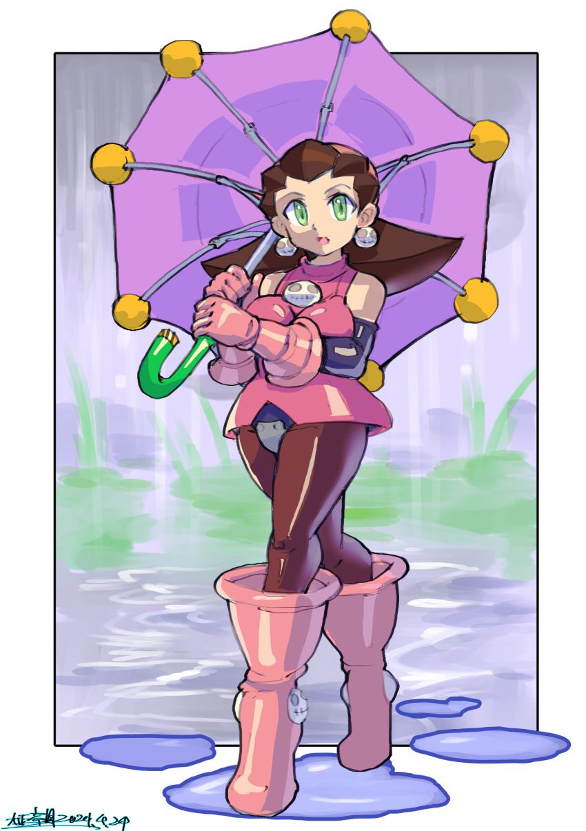 black_pantyhose boots breasts brown_eyes brown_hair commentary_request crotch_plate dated dress earrings full_body gloves green_eyes highres holding holding_umbrella jewelry looking_at_viewer medium_breasts medium_hair mega_man_(series) mega_man_legends_(series) oomasa_teikoku outdoors pantyhose pink_dress pink_footwear pink_gloves rain signature skull_brooch skull_earrings sleeveless sleeveless_dress tron_bonne_(mega_man) umbrella