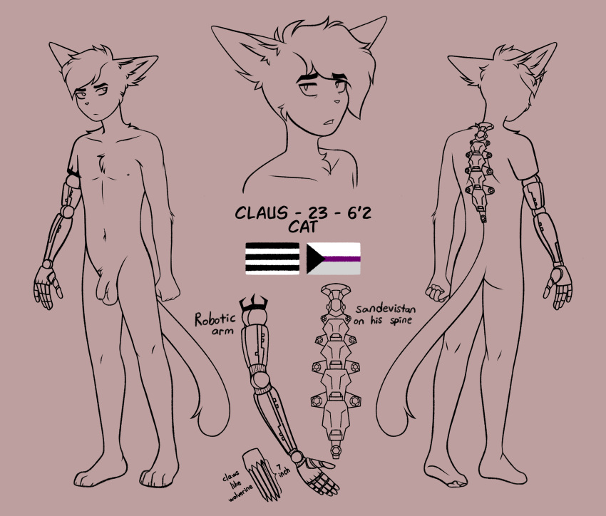 anthro claus_(timmy_rap_1o1) cyberpunk demisexual_pride_colors domestic_cat felid feline felis genitals hi_res humanoid lemonpuff lgbt_pride male mammal model_sheet penis pride_colors robotic_arm robotic_claws robotic_limb solo straight_pride_colors tuxedo_cat unfinished