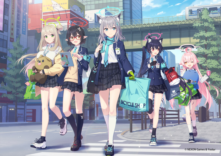 5girls ahoge akihabara_(tokyo) animal_ears ayane_(blue_archive) azumi_akitake bag black_footwear black_gloves black_hair black_shorts black_skirt black_socks blue_archive blue_eyes blue_jacket blue_ribbon blue_scarf cat_ears closed_mouth cloud collar collared_shirt cross-laced_footwear cross_hair_ornament day fingerless_gloves floating_hair foreclosure_task_force_(blue_archive) full_body glasses gloves green_eyes green_gloves grey_hair hair_bun hair_ornament hair_ribbon halo holding holding_bag hoshino_(blue_archive) jacket knee_pads kneehighs light_brown_hair loafers long_hair long_sleeves looking_at_another medium_hair mismatched_pupils multiple_girls nonomi_(blue_archive) official_art one_eye_closed open_clothes open_jacket open_mouth outdoors pink_hair plaid plaid_skirt pleated_skirt pointy_ears real_world_location red-framed_eyewear red_eyes red_gloves ribbon scarf school_uniform serika_(blue_archive) shiroko_(blue_archive) shirt shoes short_hair shorts shorts_under_skirt single_glove single_hair_bun skirt sky smile socks stuffed_toy tokyo_(city) twintails two-tone_gloves walking white_collar white_footwear white_shirt white_socks wolf_ears yellow_eyes yellow_jacket