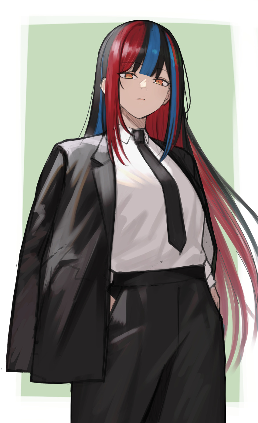 absurdres black_necktie black_pants black_suit blue_hair collared_shirt dress_shirt hands_in_pockets harusaruhi highres kamitsubaki_studio long_hair long_sleeves looking_down medium_bangs multicolored_hair necktie neko_hiiragi open_clothes open_shirt pants red_hair shirt streaked_hair suit virtual_youtuber