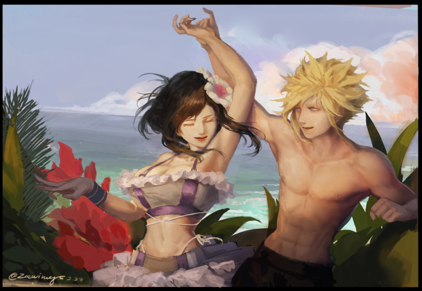 abs arm_up armpits beach bikini bikini_skirt blonde_hair blue_eyes blue_sky breasts brown_haori cleavage closed_eyes cloud cloud_strife cloud_strife_(wild_surf) final_fantasy final_fantasy_vii final_fantasy_vii_rebirth final_fantasy_vii_remake flower frilled_bikini frills hair_flower hair_ornament highres holding_hands large_breasts looking_at_viewer medium_hair midriff multicolored_bikini multicolored_clothes navel nipples ocean outdoors panty_straps pectorals red_lips skinny sky straight_hair swimsuit tifa_lockhart tifa_lockhart_(shining_spirit) toned toned_male topless_male white_flower zoewingsz