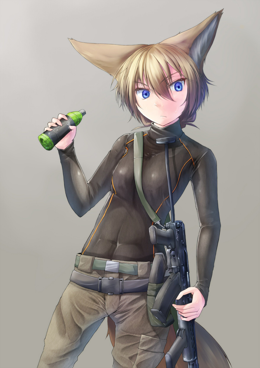 amd-65 animal_ears belt blonde_hair blue_eyes bottle dreadtie fox_ears fox_tail gun highres original solo standing svetlana_nestrovna_sorokina tail turtleneck weapon