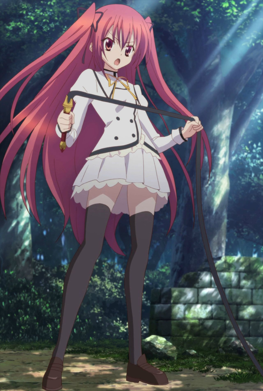 areishia_spirit_academy_uniform black_legwear claire_rouge highres long_hair red_eyes red_hair school_uniform screencap seirei_tsukai_no_blade_dance solo thighhighs twintails very_long_hair whip zettai_ryouiki