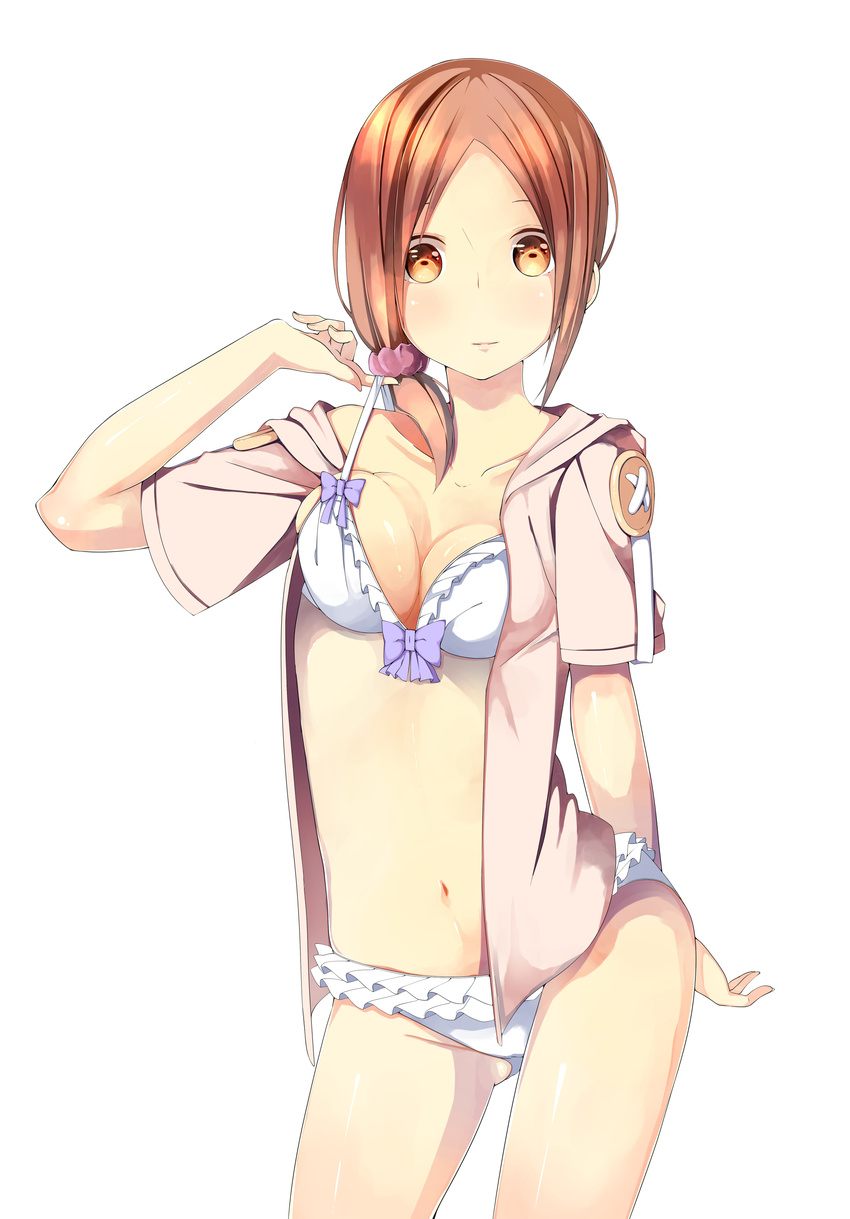 absurdres bikini breasts brown_eyes brown_hair byte_(allbyte) cleavage frilled_bikini frills fujimiya_kaori highres hood hoodie isshuukan_friends looking_at_viewer medium_breasts navel simple_background solo strap_pull swimsuit white_background