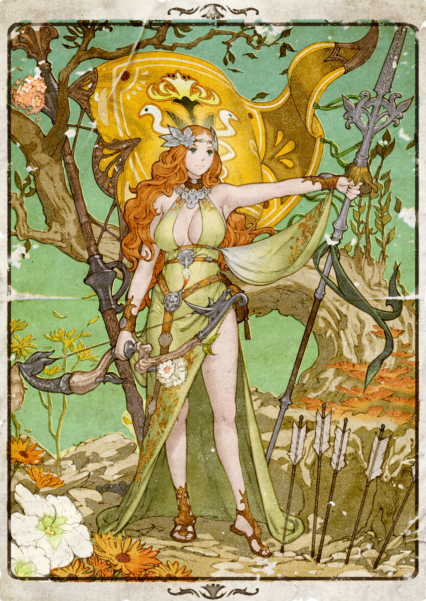 absurdres arrow banner bare_legs blue_eyes bow_(weapon) breasts cleavage dress final_fantasy final_fantasy_xiv flag flower hair_ornament highres huge_filesize lance large_breasts leaf_hair_ornament long_hair nophica official_art orange_hair outstretched_arm planted_arrow polearm sandals side_slit solo tree wavy_hair weapon yoshida_akihiko