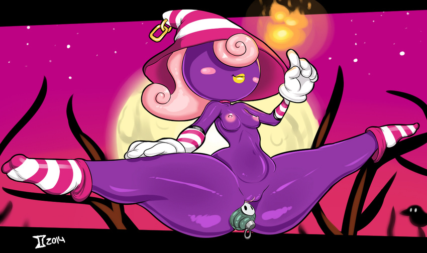 areola breasts female fire ghost gloves gray_impact grenade hair hat moon nintendo nipples nude paper_mario pink_nipples purple_skin pussy small_breasts socks solo spirit splits spread_legs spreading video_games vivian yellow_lips