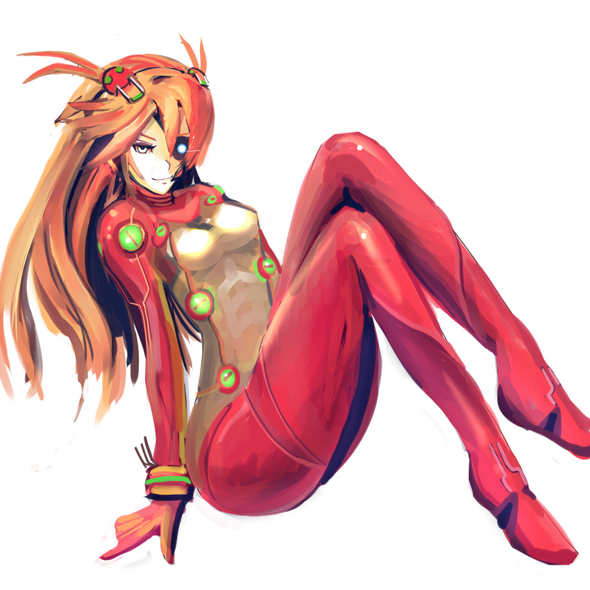 aqua_eyes bangs blue_eyes bodysuit breasts eyepatch from_side full_body gloves glowing glowing_eye hair_ornament hairpods highres iwanishi knees_up light_smile long_hair looking_at_viewer neon_genesis_evangelion no_lineart orange_hair pilot_suit plugsuit rebuild_of_evangelion shikinami_asuka_langley simple_background sitting small_breasts smile solo souryuu_asuka_langley test_plugsuit turtleneck two_side_up white_background