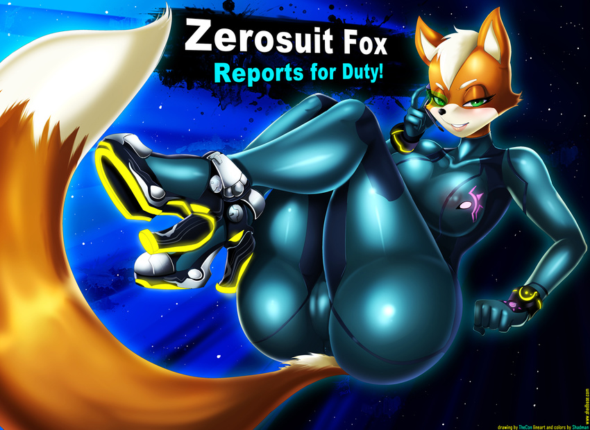 anthro big_butt boots breasts butt canine clothing crossgender crossover eyewear female fox fox_mccloud fur hair half-closed_eyes happy hi_res looking_at_viewer mammal metroid nintendo short_hair sitting smile solo star_fox suit super_smash_bros teeth thecon therealshadman video_games zero_suit zero_suit_fox