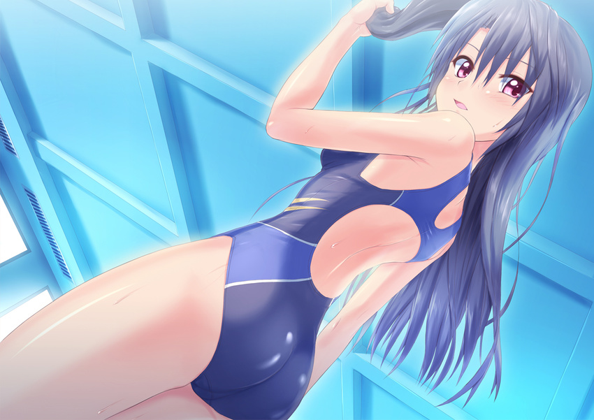 arm_up ass back_cutout bangs bare_arms bare_shoulders black_hair blush ceiling competition_swimsuit cowboy_shot dutch_angle from_behind from_below hair_between_eyes highleg highleg_swimsuit holding indoors long_hair looking_back one-piece_swimsuit open_mouth original red_eyes shiny shiny_skin solo swimsuit takuya_kame ventilation_shaft wet