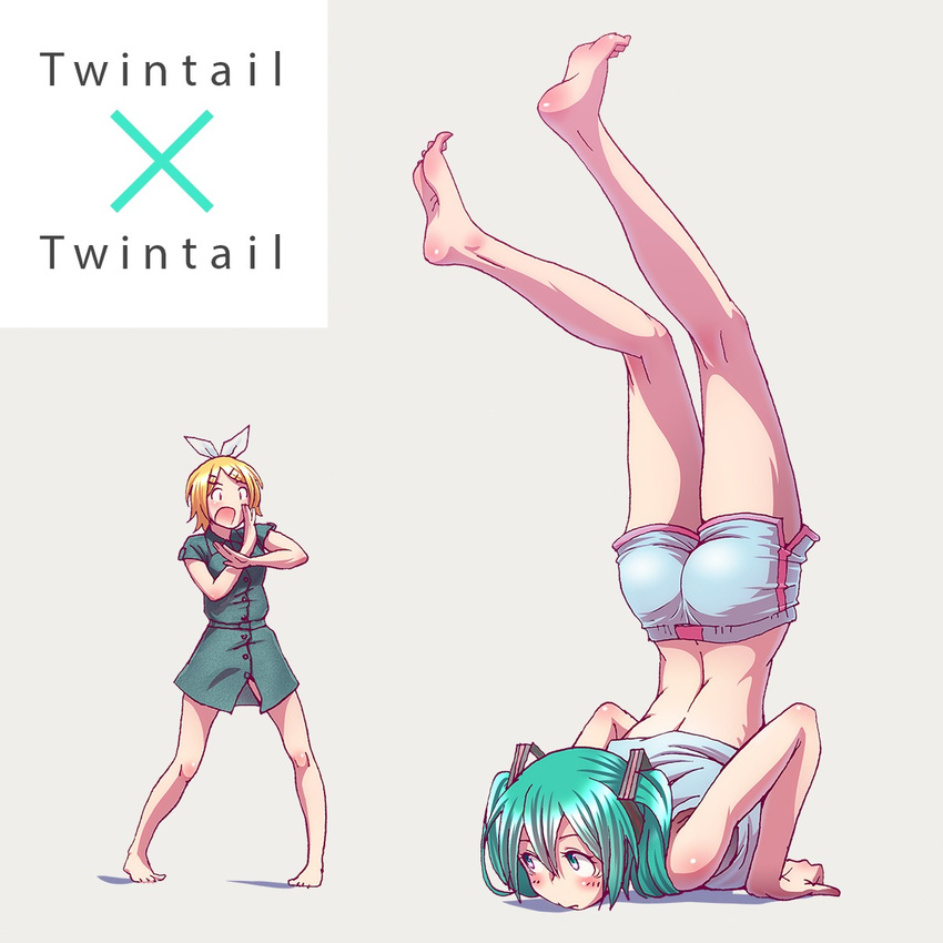 ass barefoot blonde_hair blush crossed_arms feet green_hair hair_ornament hair_ribbon handstand hatsune_miku highres kagamine_rin legs long_hair looking_away md5_mismatch midriff multiple_girls open_mouth pose ribbon short_hair shorts soles toes twin_tail_(ultra_series) twintails ultra_series vocaloid wokada
