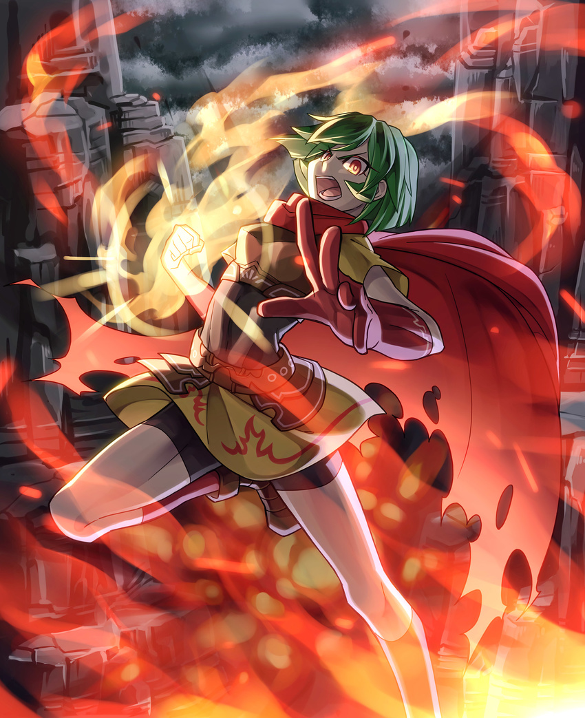 absurdres bad_id bad_pixiv_id bike_shorts borrowed_character cape chroma_(chroma000) clenched_hand gloves green_hair highres looking_at_viewer original red_eyes red_gloves short_hair solo