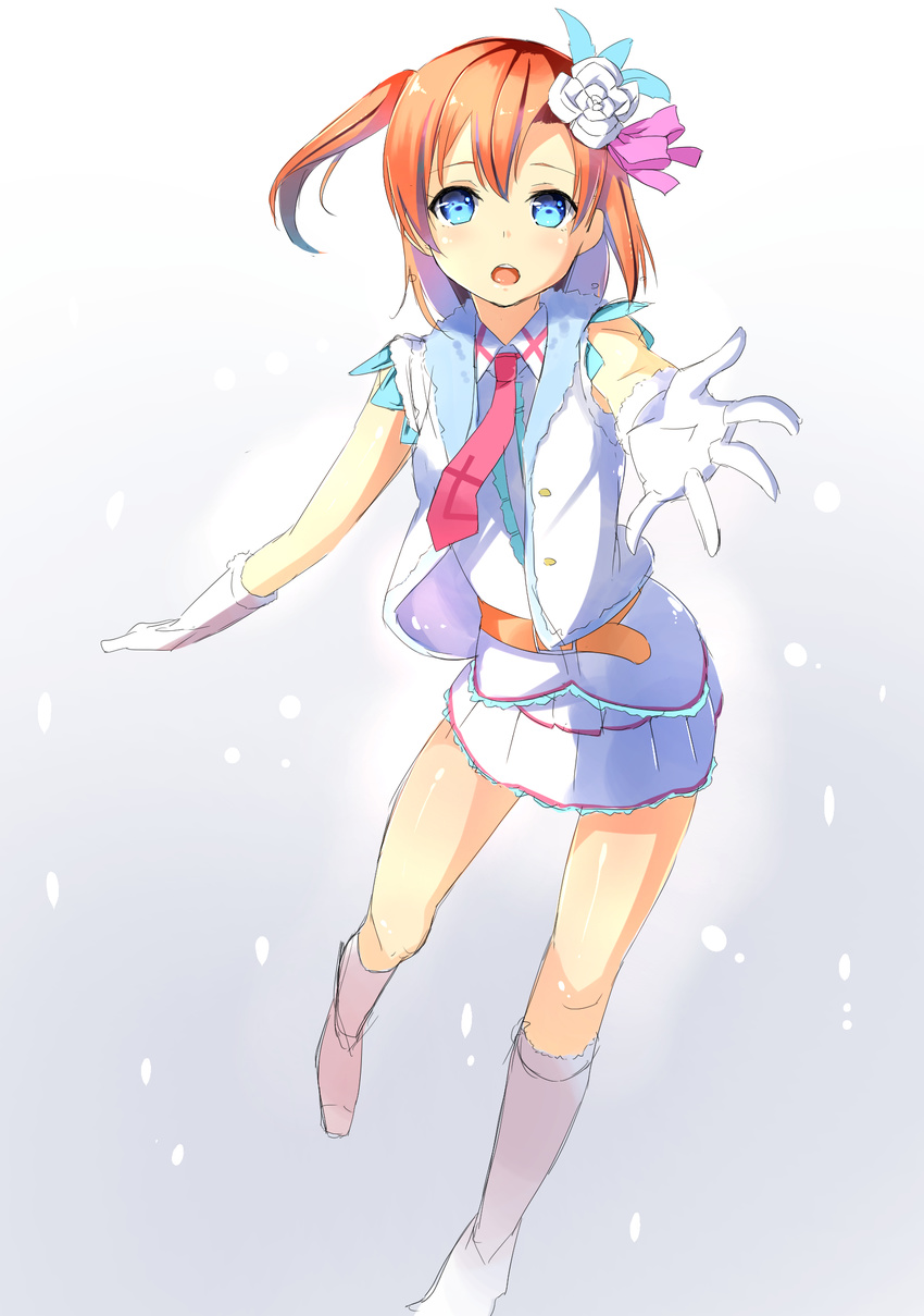 blue_eyes brown_hair byte_(allbyte) flower gloves hair_flower hair_ornament highres kousaka_honoka love_live! love_live!_school_idol_project one_side_up outstretched_arm short_hair skirt smile snow_halation solo white_gloves