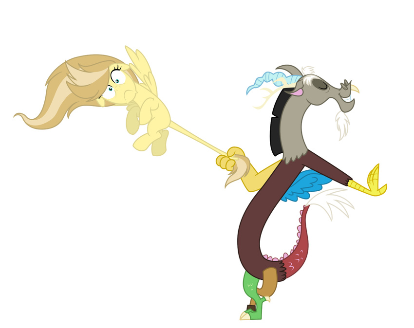 alpha_channel discord_(mlp) draconequus duo equine female feral friendship_is_magic hi_res horse icelion87 male mammal my_little_pony original_character pegasus plain_background pony tail_pull transparent_background wings