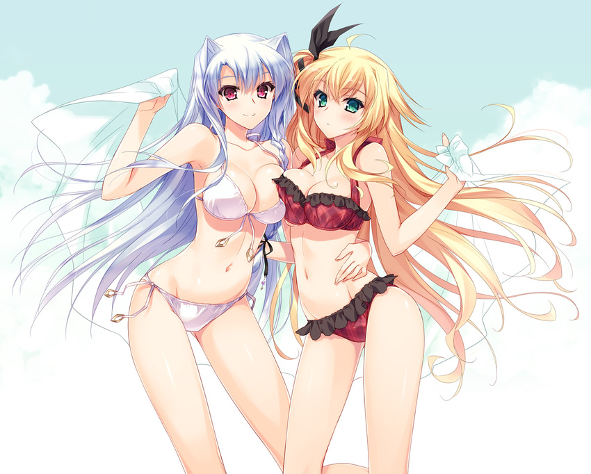 2girls bikini breasts cleavage estelle_norn_stern kenkoku_no_jungfrau multiple_girls smile swimsuit yasaka_minato