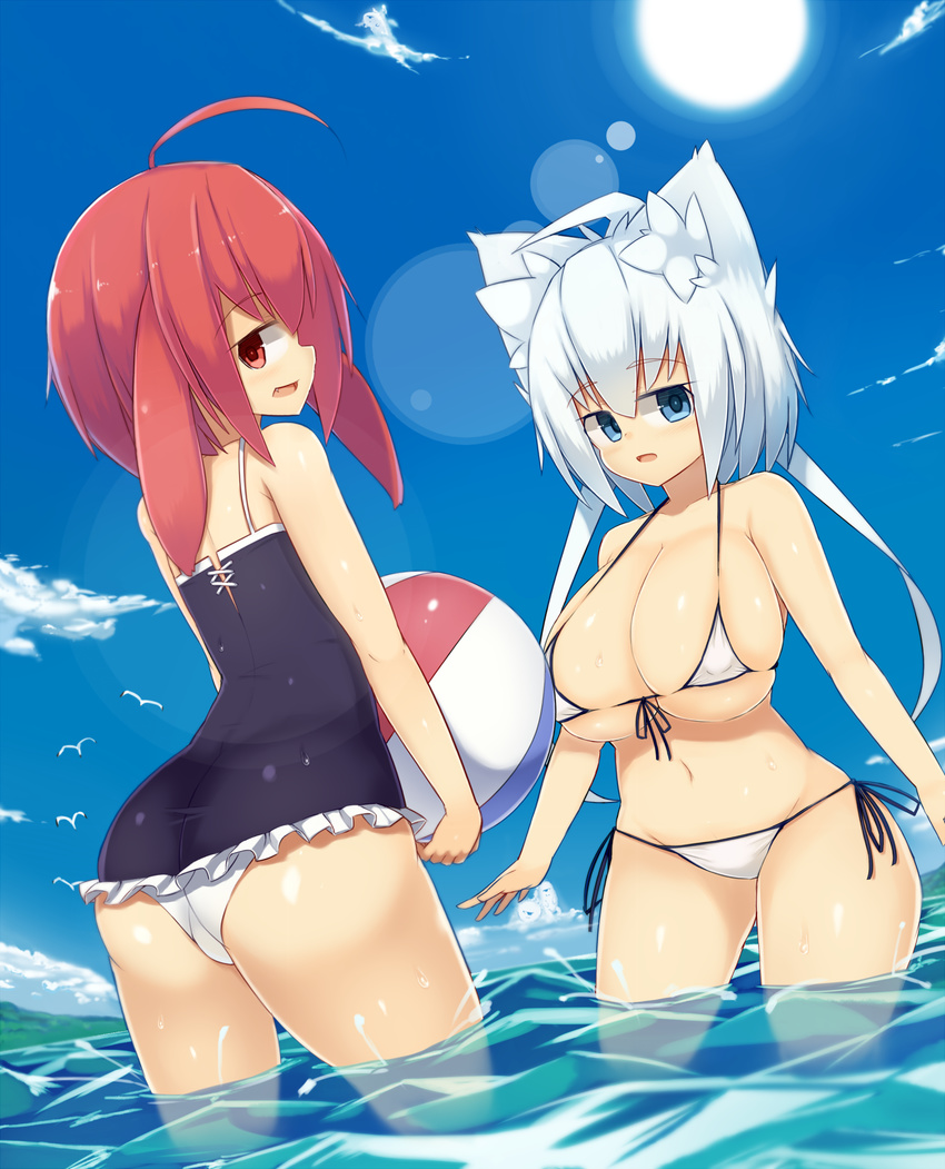 ahoge animal_ears ass ball bikini bird black_swimsuit blue_eyes blush breasts bunny_ears cat_ears cleavage cloud covered_nipples day ears_down expressionless fang felt_whitesnow flat_chest front-tie_top highres hinoko_(sawati) huge_breasts lens_flare looking_at_viewer looking_back micro_bikini multiple_girls open_mouth original outdoors partially_submerged red_eyes red_hair sawati short_hair short_hair_with_long_locks side-tie_bikini skindentation sky smile sun swimsuit thick_thighs thighs wading water white_bikini white_hair wide_hips