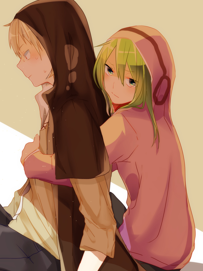 1girl bad_id bad_pixiv_id brown_hair green_hair highres hood hoodie hug hug_from_behind kagerou_project kano_shuuya kido_tsubomi long_hair nako_(inamenaihane) short_hair