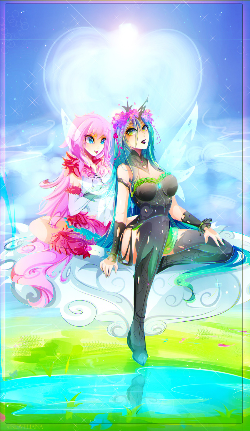 blue_eyes blue_hair clothed clothing cloud crown fluffle_puff friendship_is_magic green_eyes hair hi_res horn human humanized koveliana long_hair mammal my_little_pony outside pink_hair queen_chrysalis_(mlp) tongue tongue_out water wings