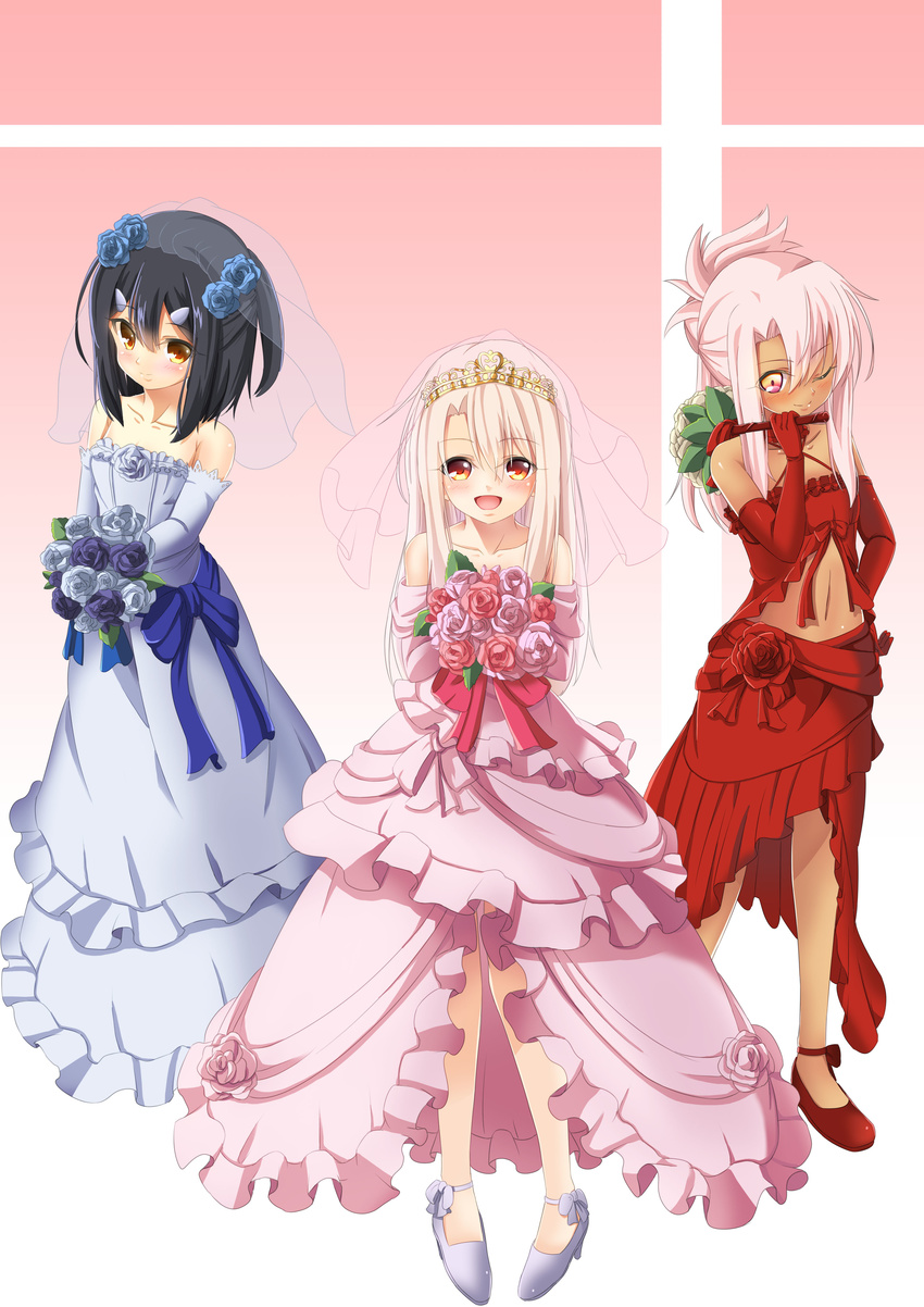 :d absurdres alternate_costume bare_shoulders black_hair bouquet bridal_veil brown_eyes chloe_von_einzbern dark_skin diadem dress elbow_gloves fate/kaleid_liner_prisma_illya fate_(series) flower gloves hair_ornament hairclip high_heels highres illyasviel_von_einzbern midriff miyu_edelfelt morokoshi_(tekku) multiple_girls navel one_eye_closed open_mouth red_eyes red_gloves smile veil wedding_dress white_gloves white_hair