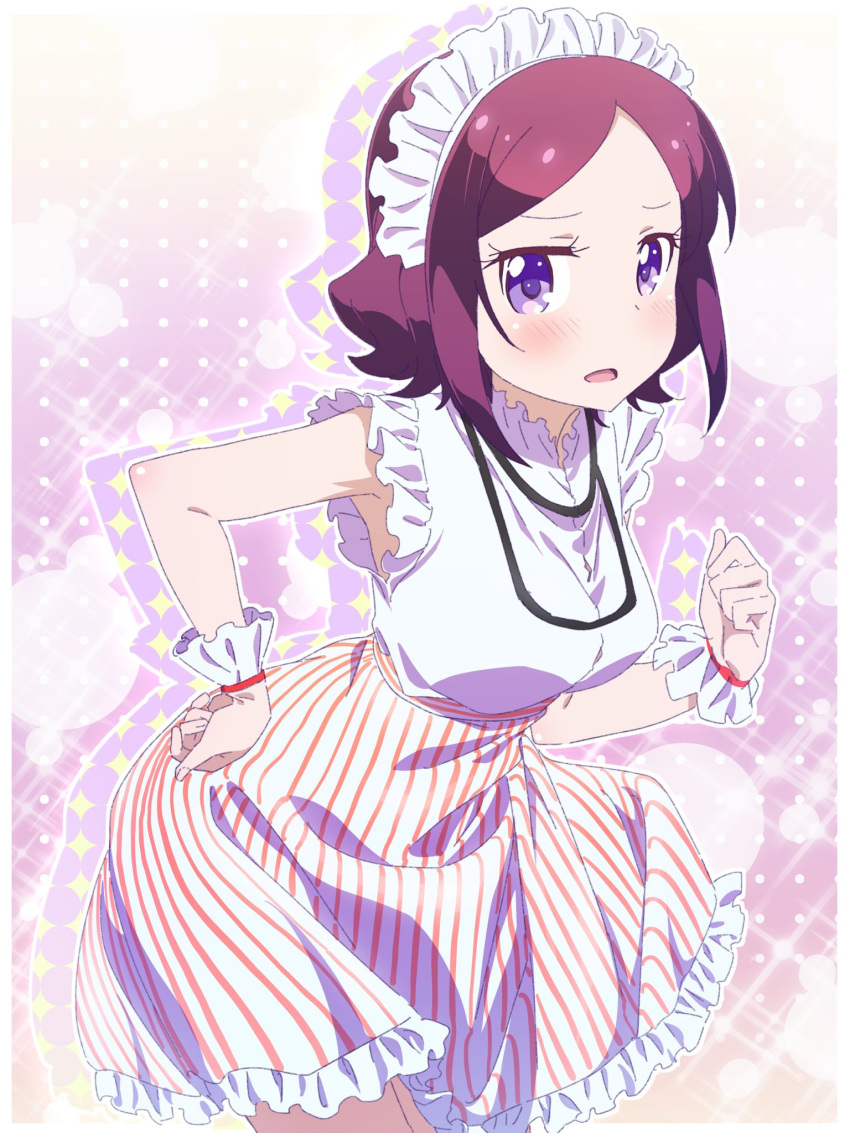 1girl alternate_costume blush breasts brown_hair cowboy_shot enmaided frilled_skirt frills hand_on_hip highres leaning_forward looking_at_viewer maid maid_headdress medium_breasts medium_skirt new_game! open_mouth pink_x purple_eyes shiny shiny_hair shirt short_hair skirt sleeveless sleeveless_shirt solo striped tooyama_rin vertical-striped_skirt vertical_stripes white_shirt wrist_cuffs