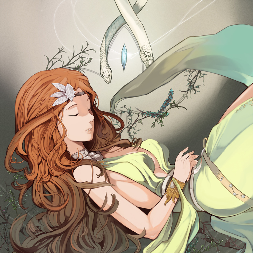 absurdres artist_request bracer breasts brown_hair closed_eyes collar crystal curly_hair dress final_fantasy final_fantasy_xiv highres long_hair medium_breasts nophica ornament parted_lips plant sideboob snake solo source_request