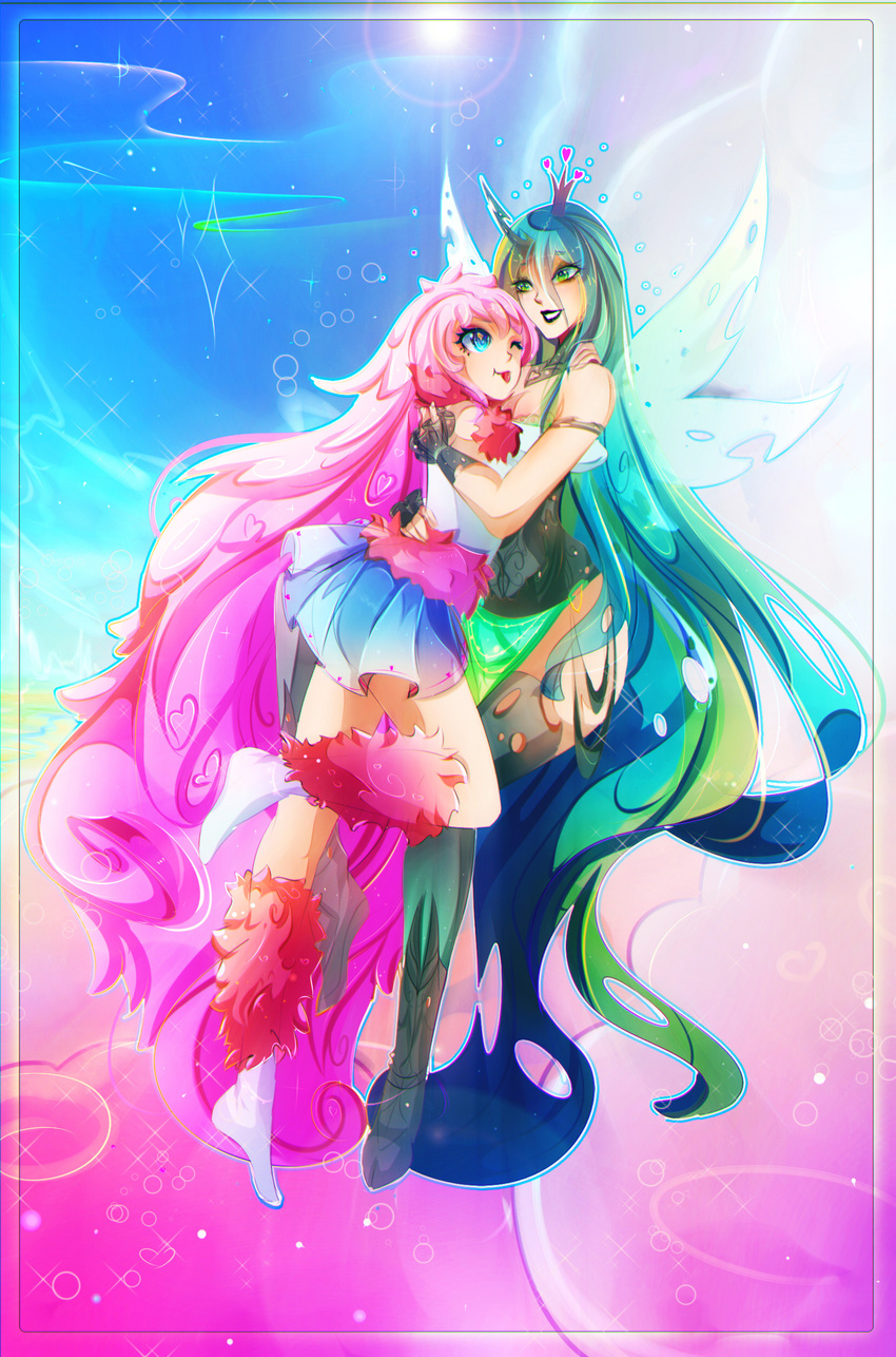blue_eyes blue_hair clothed clothing crown embrace fluffle_puff friendship_is_magic green_eyes hair hi_res horn hug human humanized koveliana long_hair mammal my_little_pony one_eye_closed outside pink_hair queen_chrysalis_(mlp) tongue tongue_out wings