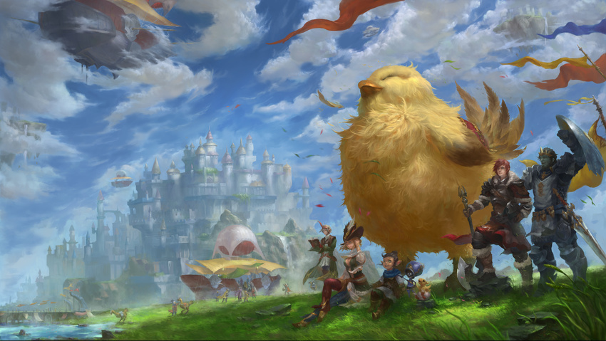 absurdres airship armor breasts castle chocobo cleavage cloud clouds elezen elf fat_chocobo final_fantasy final_fantasy_xiv flag highres hyur lalafell miqo'te miqo'te pointy_ears roegadyn scenery sky sword weapon