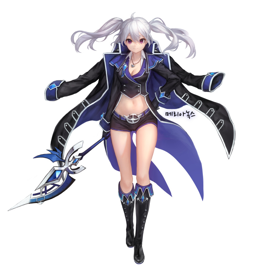1girl absurdres ahoge aisha_(elsword) bangs belt black_coat black_footwear black_gloves black_shirt black_shorts boots breasts cleavage closed_mouth coat crop_top double-breasted egk513 elsword floating_hair full_body gloves hair_between_eyes hand_on_hip highres holding holding_wand jacket_on_shoulders jewelry knee_boots long_hair long_sleeves looking_at_viewer medium_breasts midriff military military_uniform navel necklace open_clothes open_coat purple_eyes shirt short_shorts shorts sidelocks simple_background smile solo standing stomach tailcoat thighs translation_request twintails uniform wand white_background white_hair wing_collar