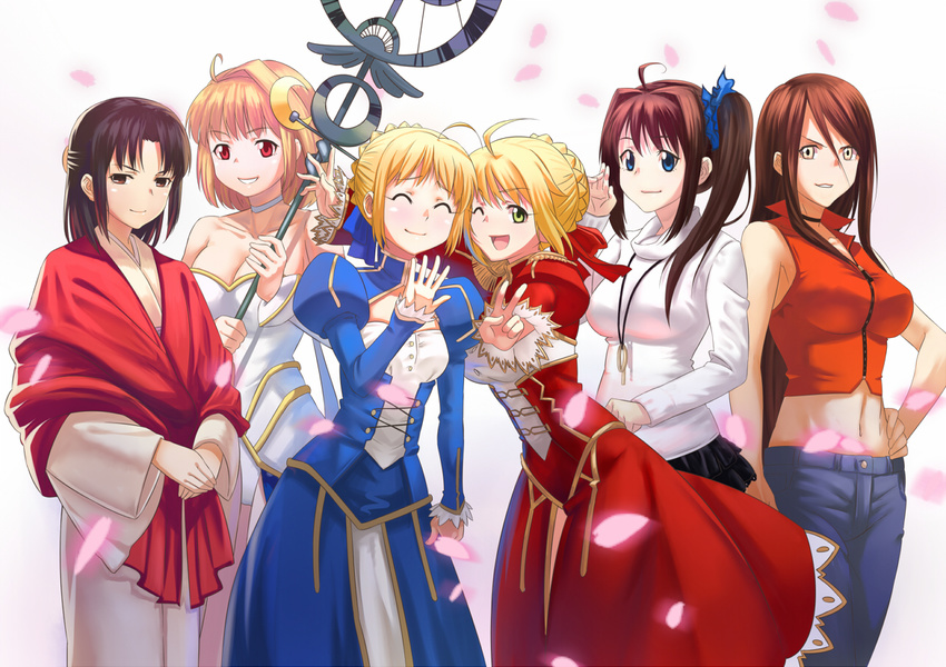 ahoge aozaki_aoko arcueid_brunestud artoria_pendragon_(all) bare_shoulders black_hair blonde_hair blue_eyes breasts brown_eyes brown_hair cherry_blossoms cleavage crescent crescent_hair_ornament decoration_disorder_disconnection denim detached_sleeves dress epaulettes fate/extra fate/stay_night fate/zero fate_(series) green_eyes hair_intakes hair_ornament hair_ribbon jacket japanese_clothes jeans kara_no_kyoukai kimono large_breasts long_hair magical_girl mahou_tsukai_no_yoru medium_breasts midriff miniskirt multiple_girls navel nero_claudius_(fate) nero_claudius_(fate)_(all) pants petals phantas-moon red_dress red_eyes ribbon ryougi_shiki saber short_hair skirt smile staff sweater taii_gp01 tsukihime type-moon very_long_hair yamanashi_tomori yellow_eyes