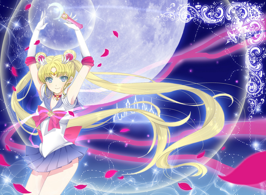 armpits arms_up back_bow bad_id bad_pixiv_id bishoujo_senshi_sailor_moon bishoujo_senshi_sailor_moon_crystal blonde_hair blue_eyes blue_sailor_collar blue_skirt bow choker crescent double_bun full_moon gloves highres holding holding_wand long_hair looking_at_viewer magical_girl mikan_(artist) moon moon_stick red_bow red_choker sailor_collar sailor_moon sailor_senshi_uniform skirt smile solo tiara tsukino_usagi twintails very_long_hair wand white_gloves