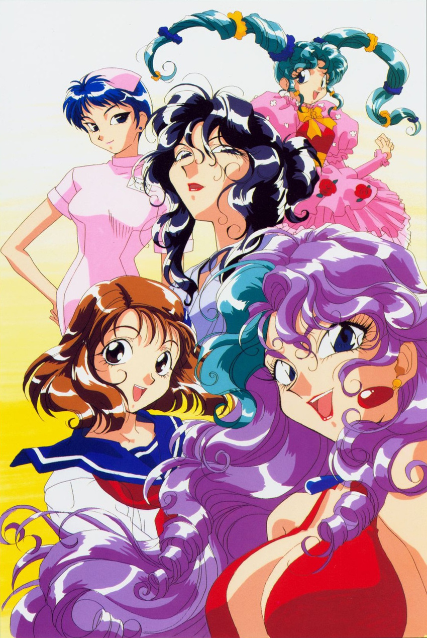 animahjong animahjong_x blue_eyes blue_hair breasts brown_eyes brown_hair cleavage hagawa_reiko hoshino_kirara large_breasts multicolored_hair official_art okada_natsuki oomiya_etsuko purple_hair sogna yoshida_sayuri_(animahjong_x)