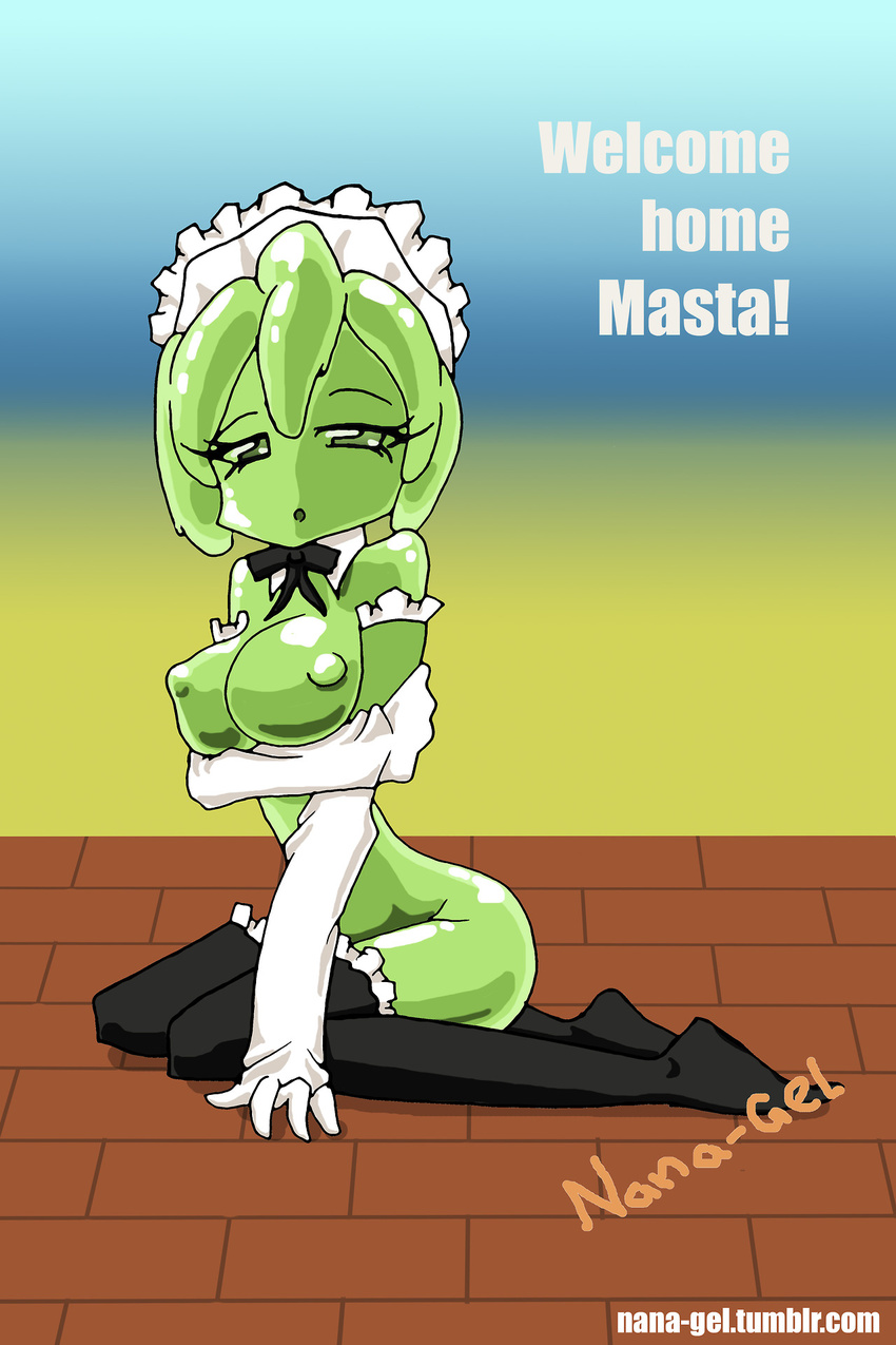 female gloves goo lime maid maid_uniform nana_gel nipples open_mouth solo text translucent