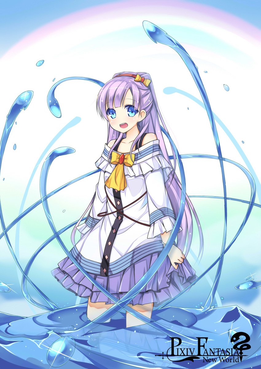 absurdres amemiya_ruki blue_eyes collarbone flat_chest hairband highres long_hair looking_at_viewer open_mouth pixiv_fantasia pixiv_fantasia_new_world purple_hair solo very_long_hair wading water