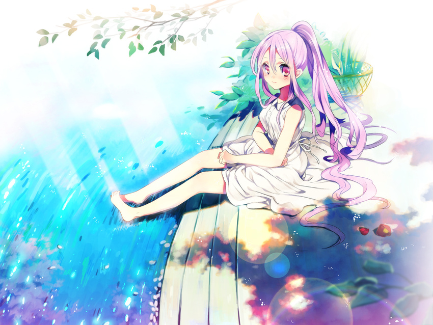 bare_legs clenched_hand day dorsiflexion foot_dangle from_side full_body labcoat light long_hair looking_at_viewer original outdoors plantar_flexion ponytail purple_eyes purple_hair rugo sitting smile solo very_long_hair water