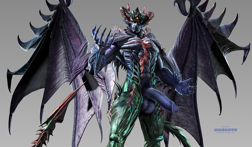 abs anthro balls biceps big_balls demon devil_kazuya edit erection horn kazuya_mishima looking_at_viewer looking_down male mmoboys_(artist) muscles nude pecs penis solo spikes standing tekken thick_penis vein veiny_penis video_games wings