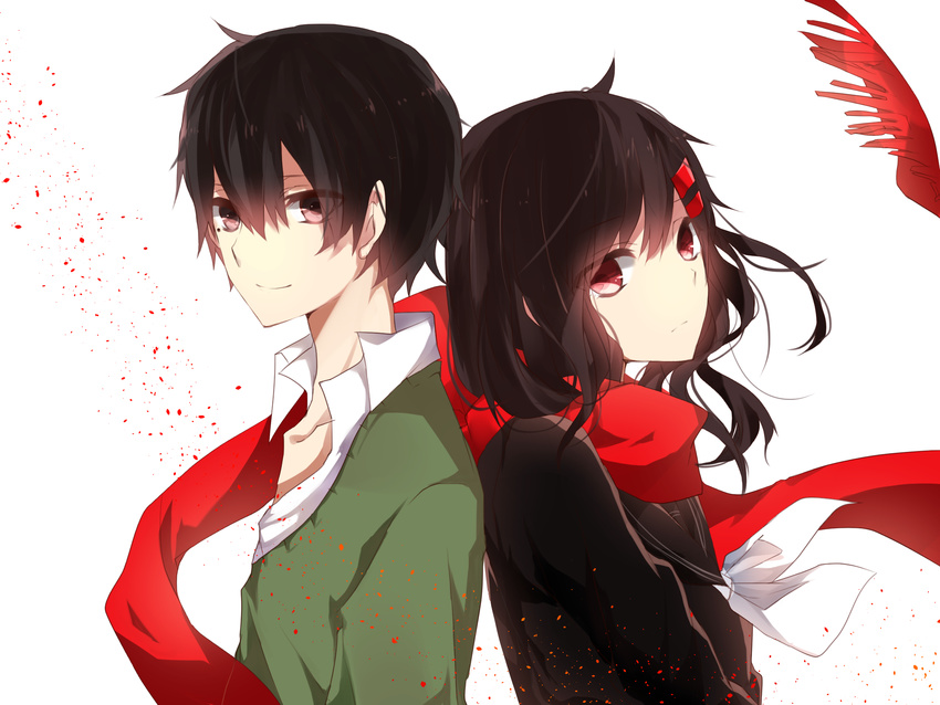 1girl bad_id bad_pixiv_id black_hair chunnkoromochi hair_ornament hairclip highres kagerou_project kokonose_haruka long_hair mole mole_under_eye red_scarf scarf school_uniform serafuku short_hair tateyama_ayano