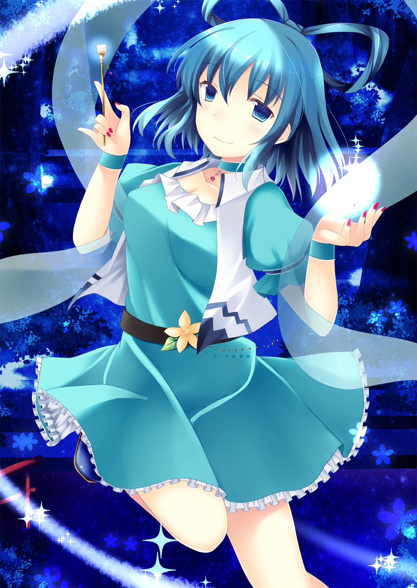 ajiriko bad_id bad_pixiv_id banned_artist blue_eyes blue_hair breasts choker cleavage dress flower hair_ornament hair_rings hair_stick herb highres kaku_seiga kiseru medium_breasts pipe shawl shoes short_hair shovel smile solo star touhou vest