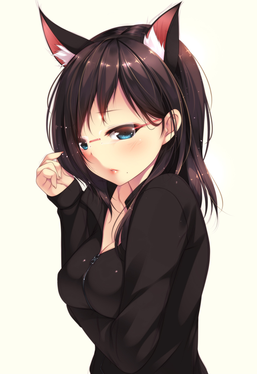 adjusting_eyewear animal_ears bad_id bad_pixiv_id blue_eyes blush brown_hair cat_ears glasses haikyuu!! highres mole shimizu_kiyoko shokuyou_mogura solo