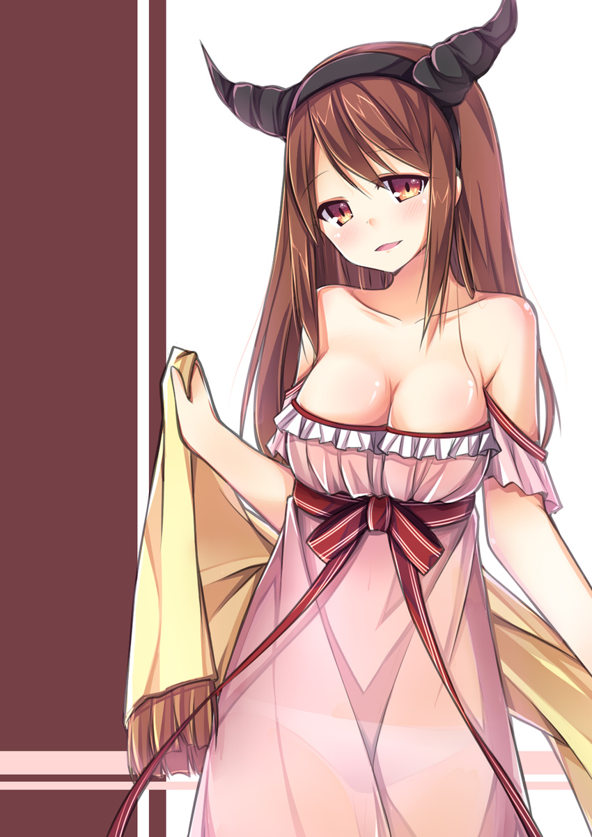 amemiya_ruki breasts brown_eyes brown_hair cleavage cowboy_shot hairband highres horns large_breasts long_hair looking_at_viewer maou_(maoyuu) maoyuu_maou_yuusha panties parted_lips see-through smile solo underwear