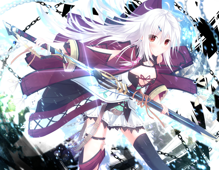 ahoge bad_id bad_pixiv_id chain hair_ornament hairclip long_hair looking_at_viewer nagishiro_mito original red_eyes sheath sword thighhighs unsheathing weapon white_hair zettai_ryouiki