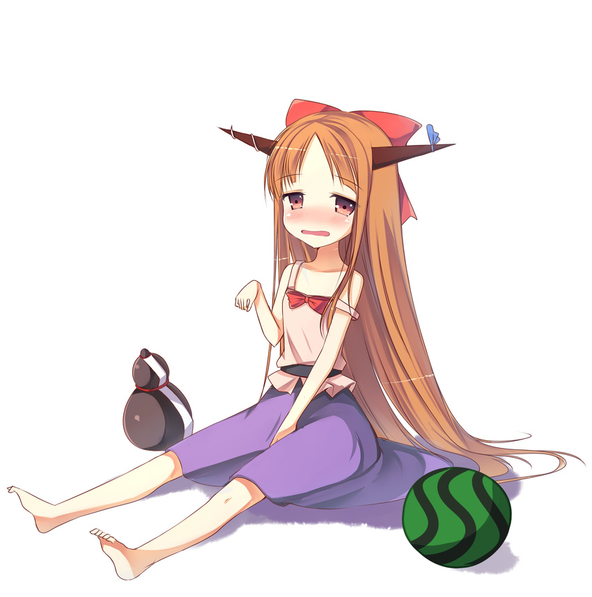 absurdres adapted_costume alternate_costume amemiya_ruki bad_id bad_pixiv_id barefoot blush bow brown_eyes brown_hair food fruit full_body hair_bow hair_ornament hair_ribbon highres horns ibuki_suika long_hair looking_at_viewer ribbon simple_background sitting solo strap_slip touhou very_long_hair watermelon white_background